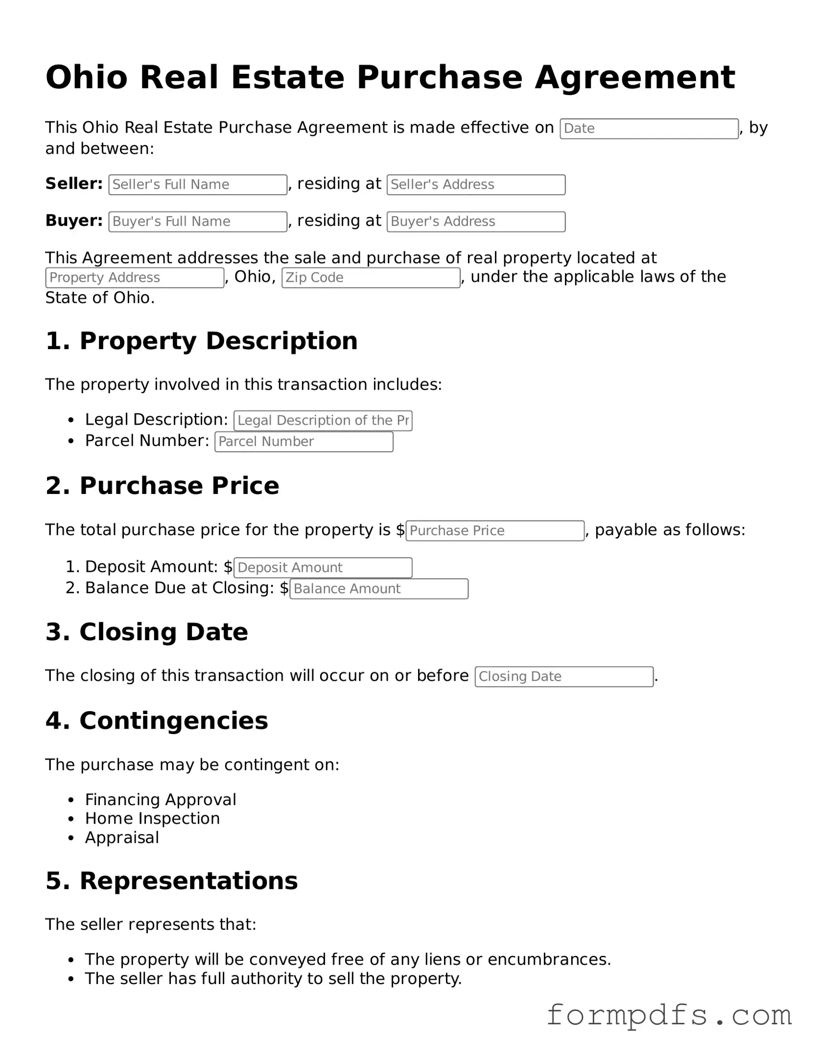 Printable Real Estate Purchase Agreement Form for the State of Ohio