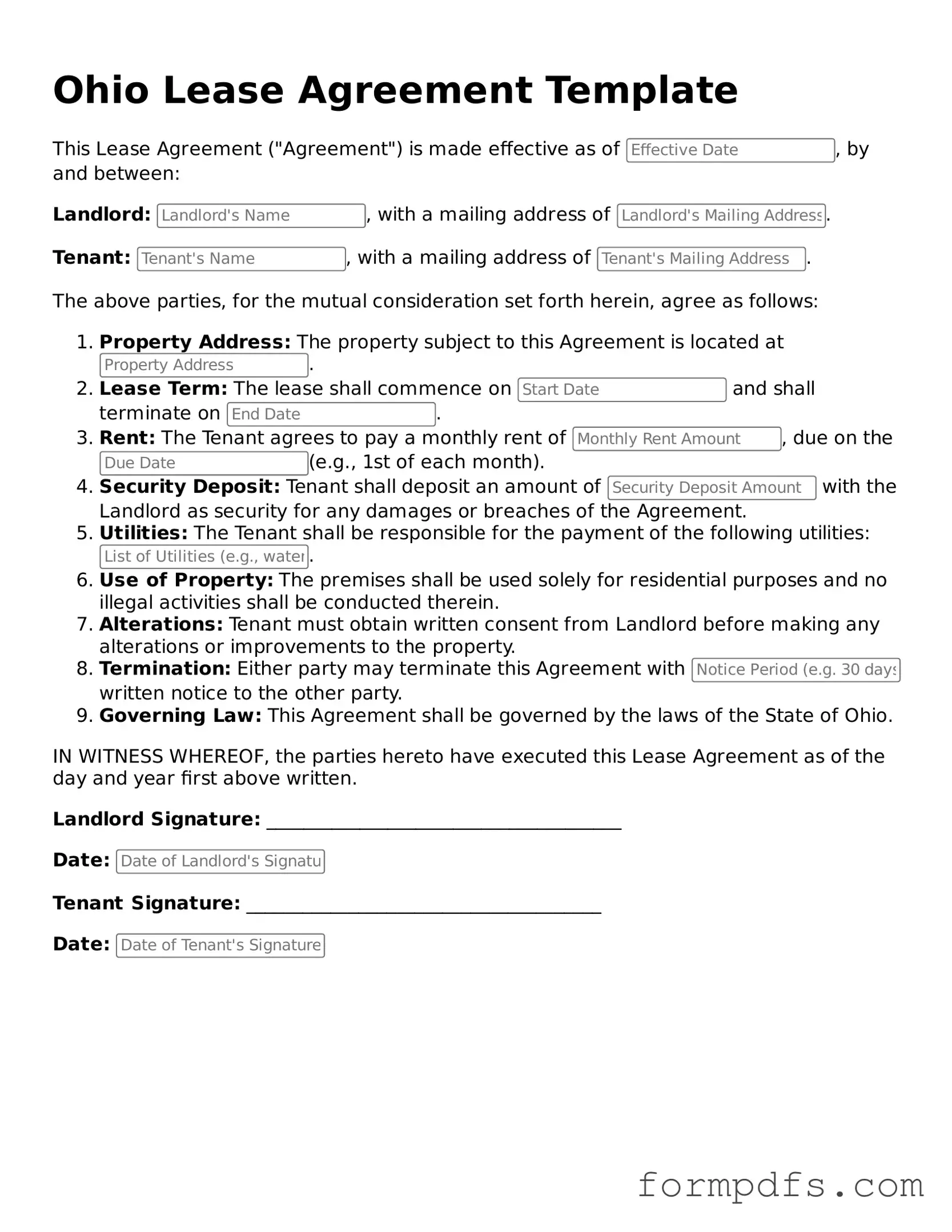 Printable Lease Agreement Form for the State of Ohio
