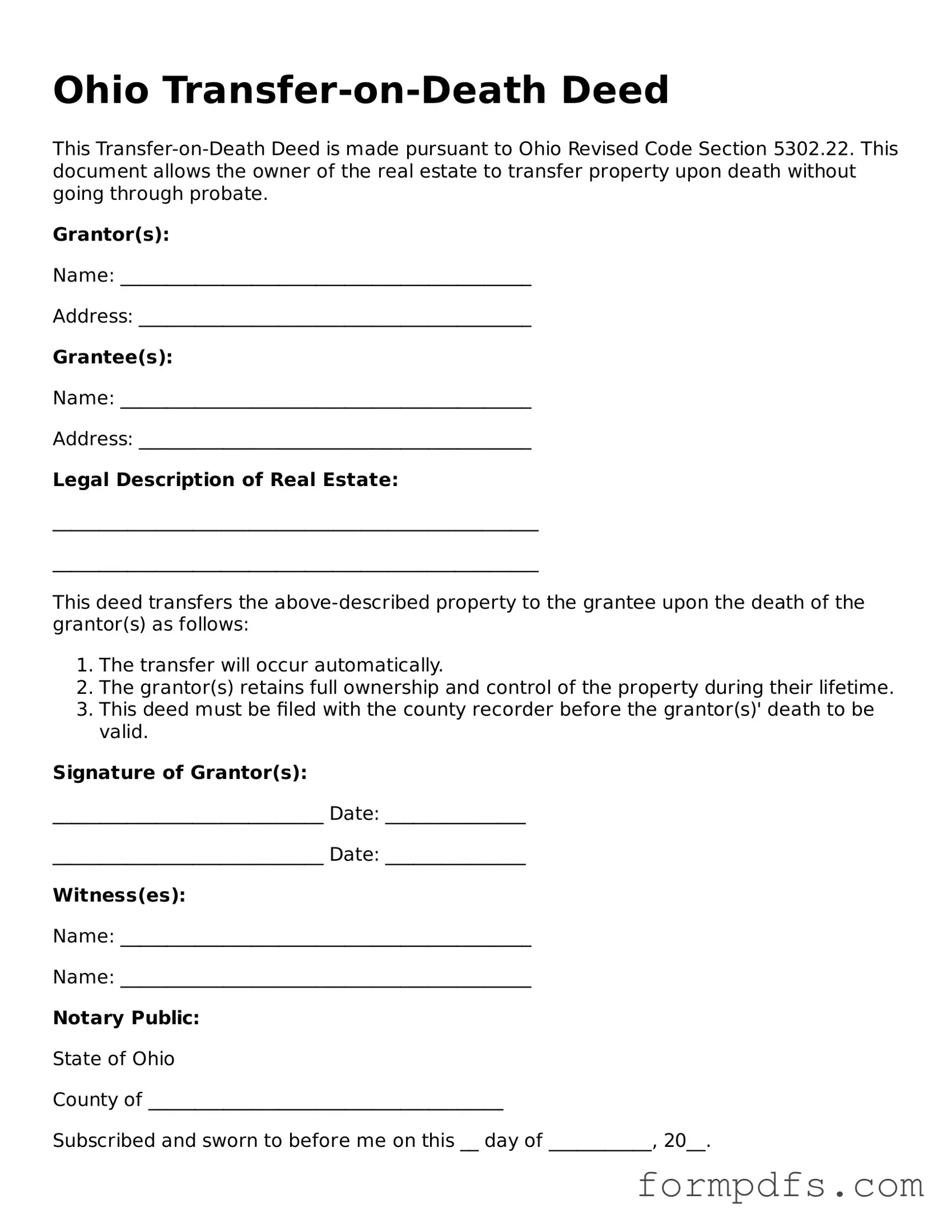 Printable Transfer-on-Death Deed Form for the State of Ohio