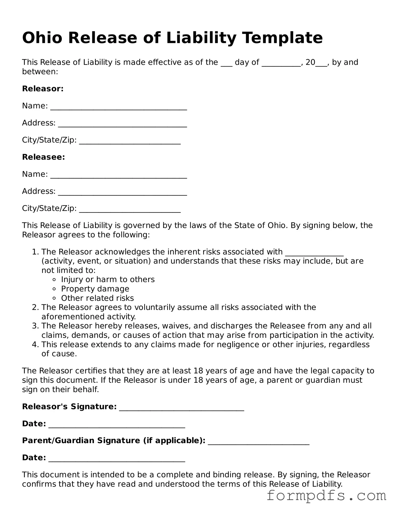 Printable Release of Liability Form for the State of Ohio