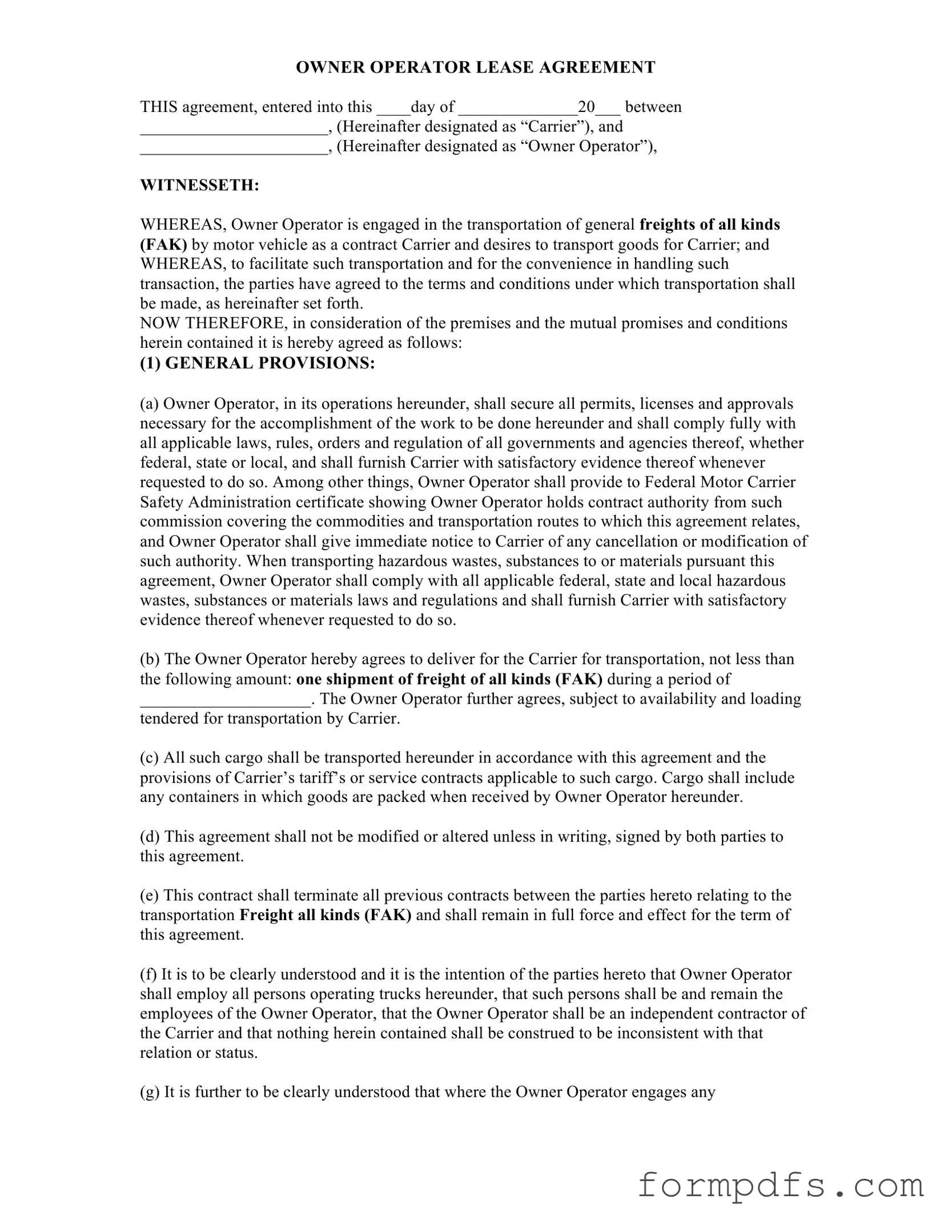Blank Owner Operator Lease Agreement PDF Form