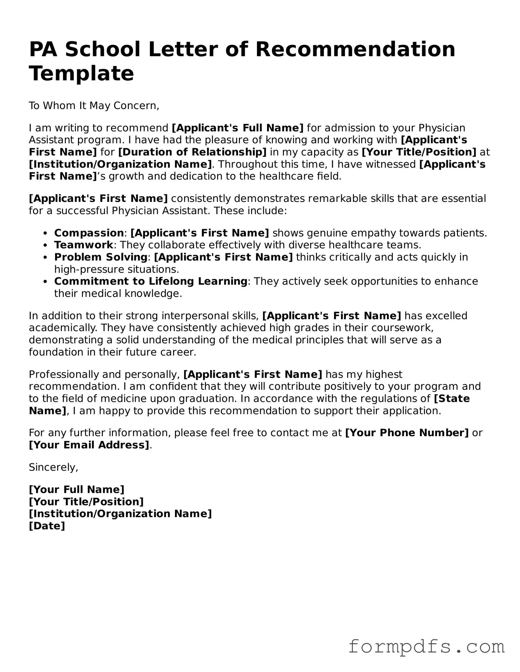 Valid PA School Letter of Recommendation Template
