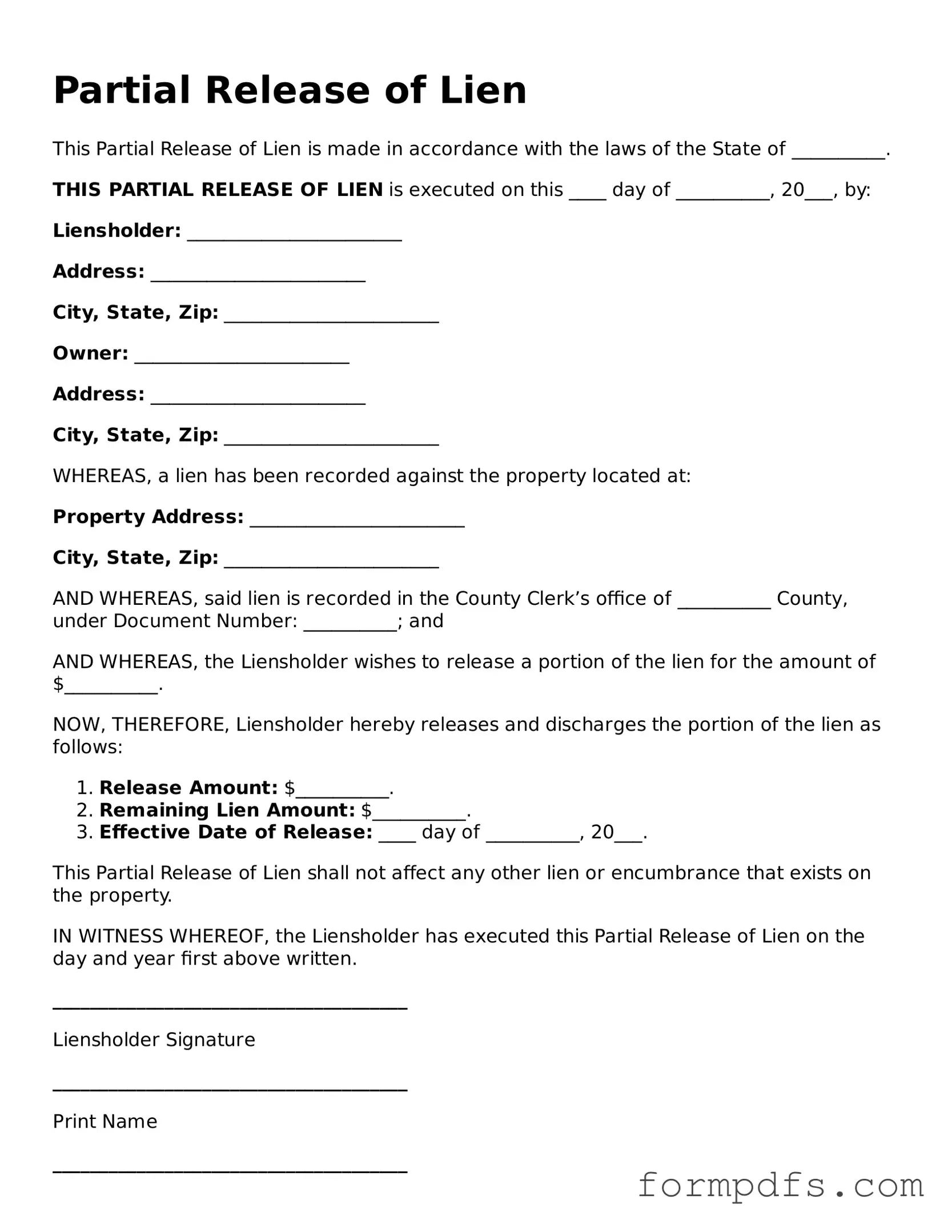 Valid Partial Release of Lien Template