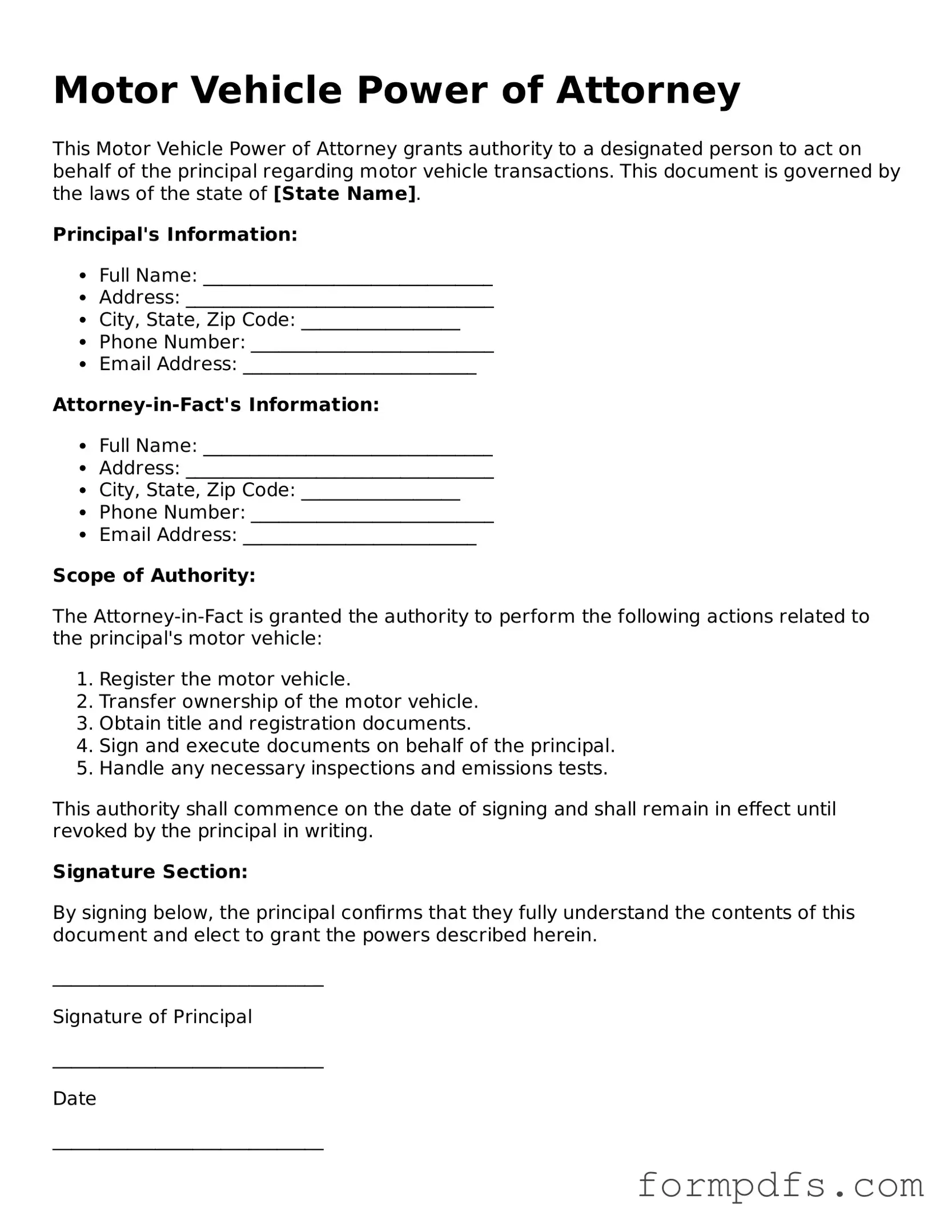 Valid Motor Vehicle Power of Attorney Template