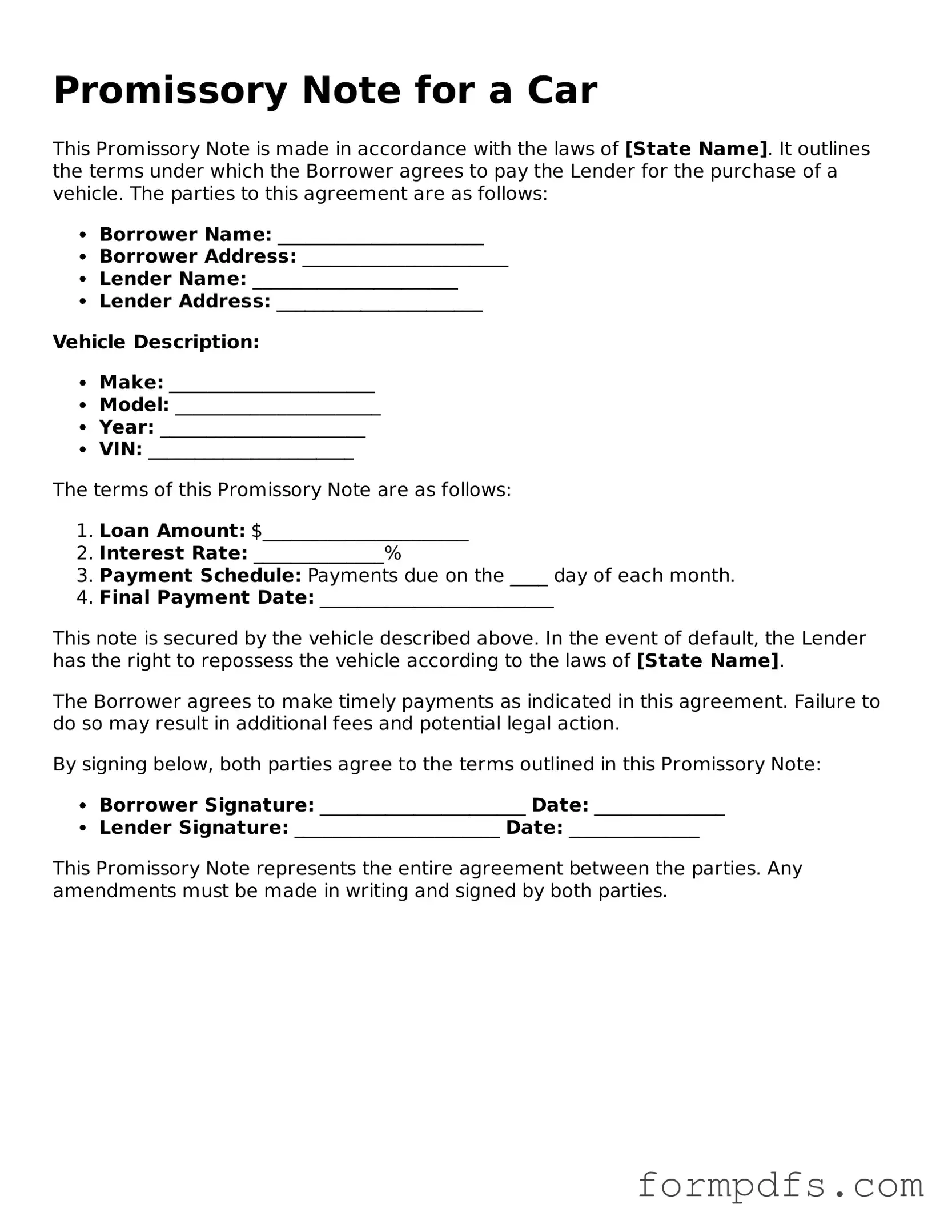 Valid Promissory Note for a Car Template
