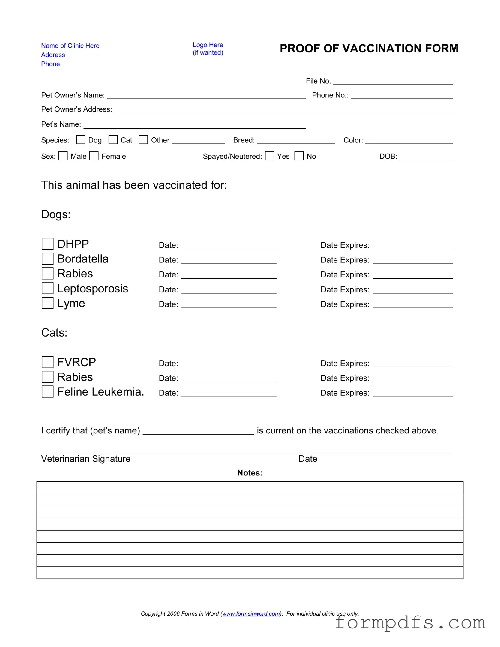 Blank Proof Of Vaccination Dog PDF Form