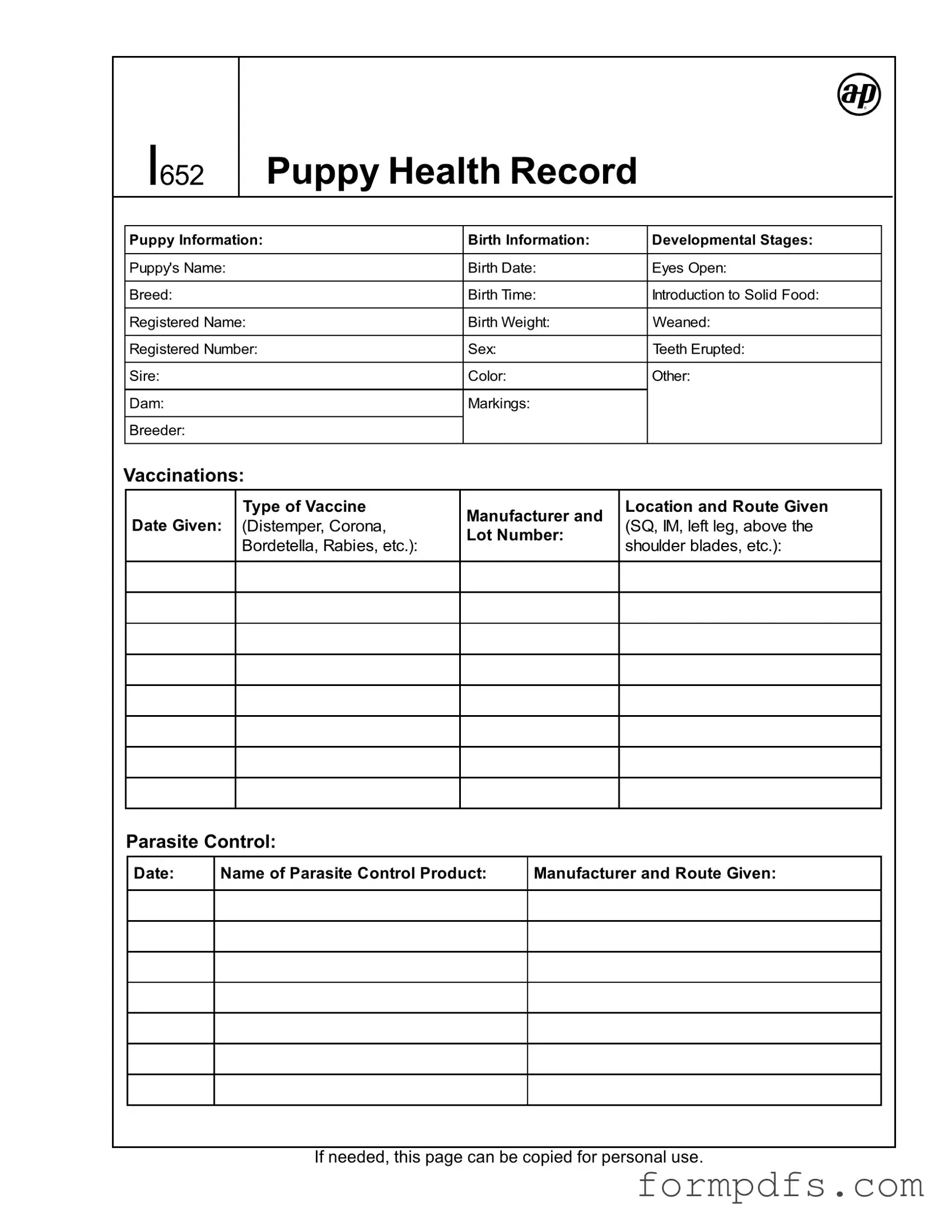 Blank Puppy Health Record PDF Form