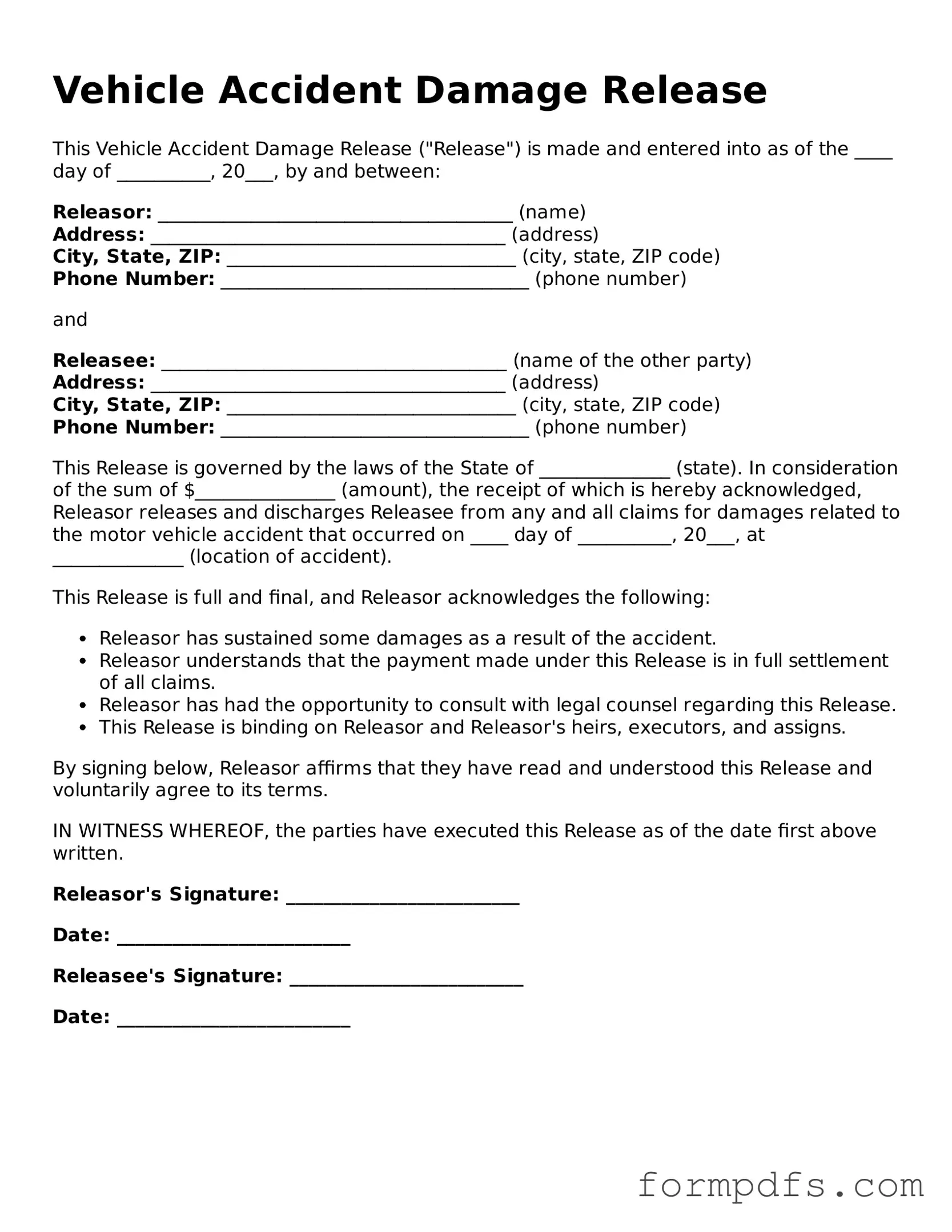 Valid Vehicle Accident Damage Release Template