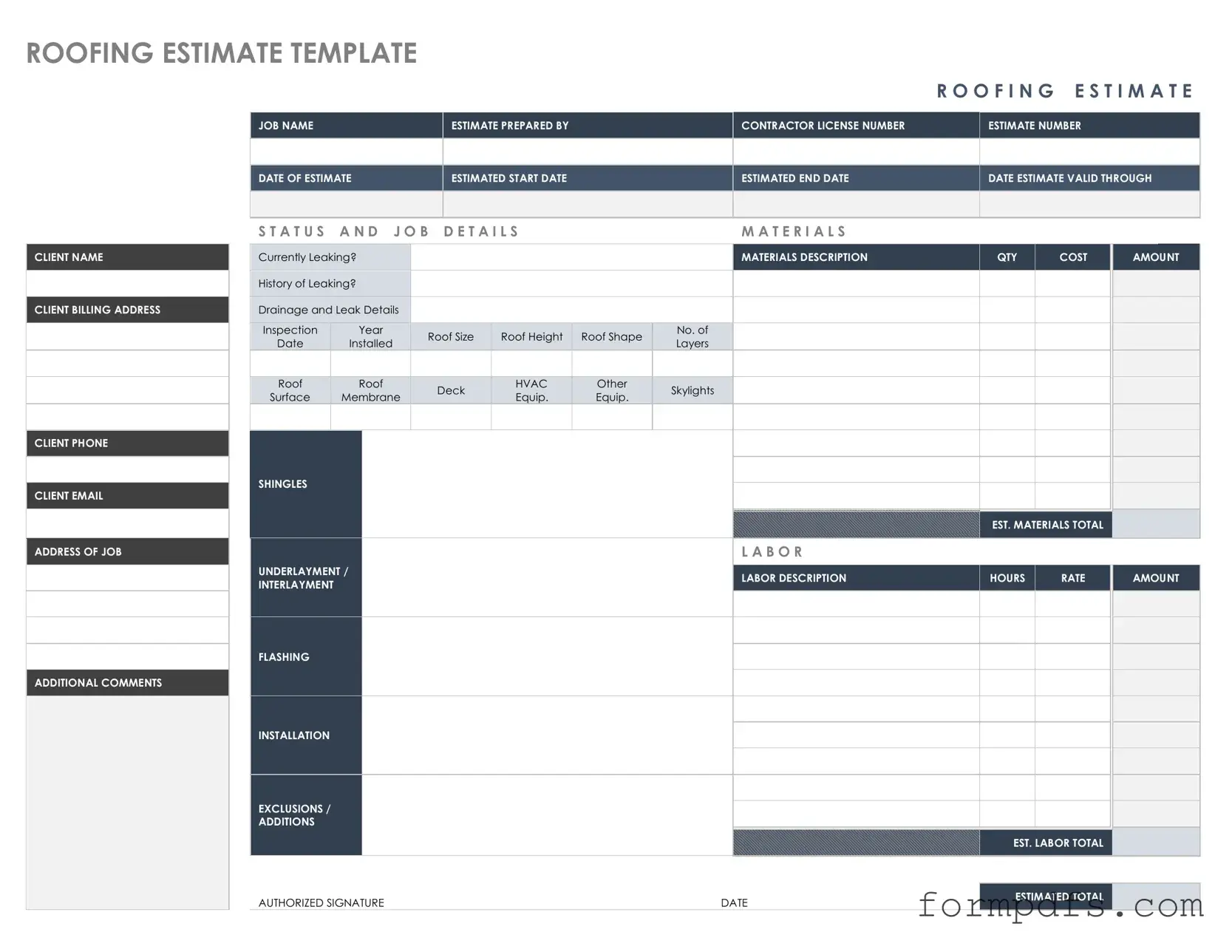 Blank Roofing Estimate PDF Form