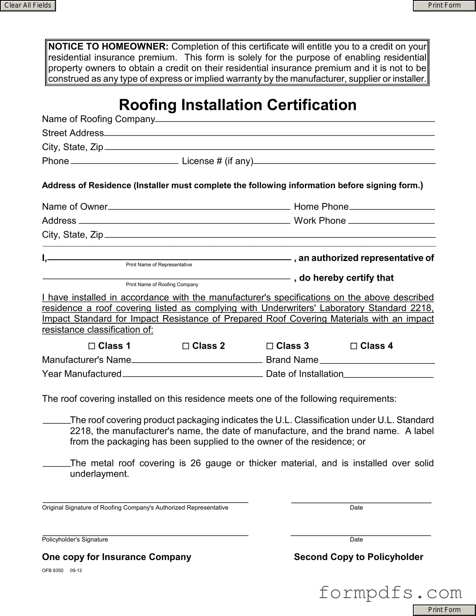 Blank Roofing Certificate PDF Form