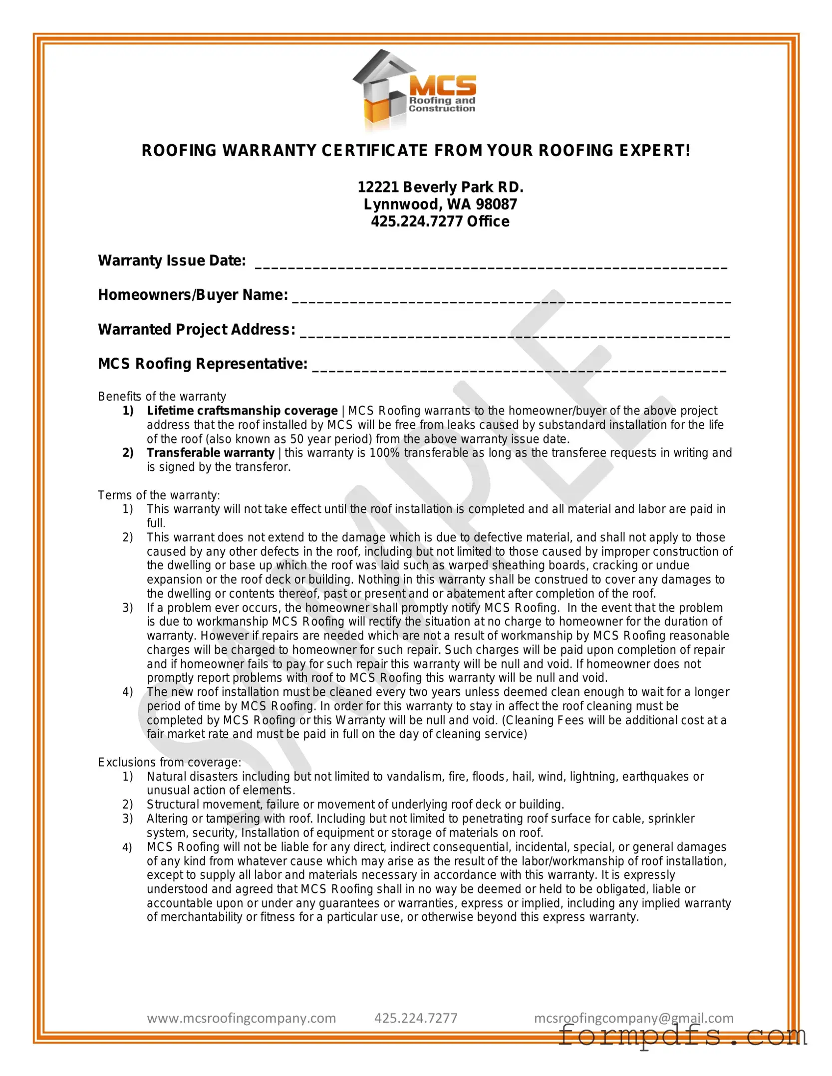 Blank Roofing Warranty Certificate PDF Form