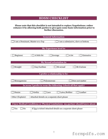 Blank Bdsm Checklist PDF Form