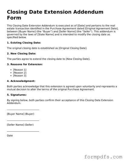 Valid Closing Date Extension Addendum Form Template