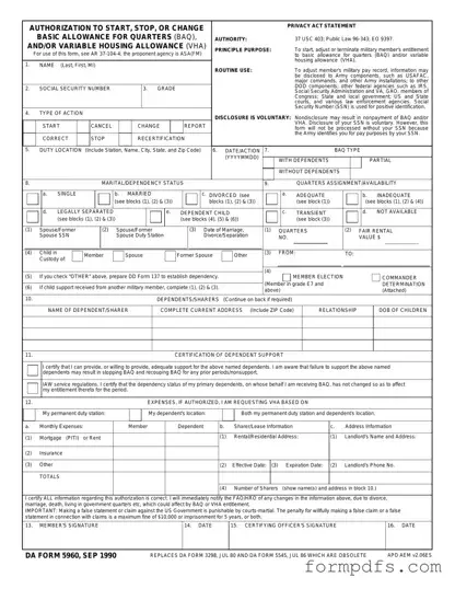 Blank DA 5960 PDF Form