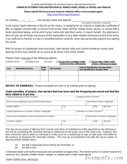 Blank Florida Vehicle POA form 82053 PDF Form
