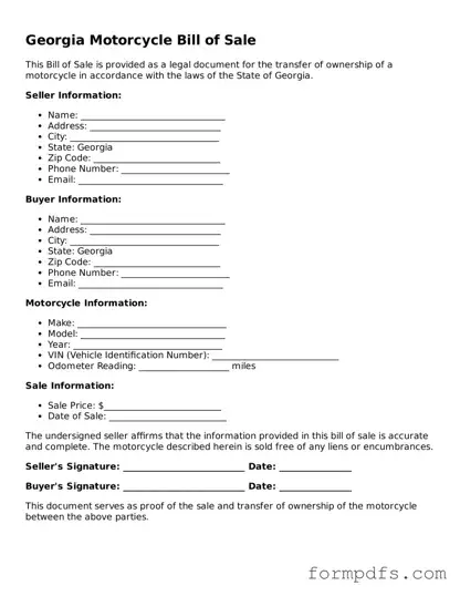Printable Motorcycle Bill of Sale Form for the State of Georgia