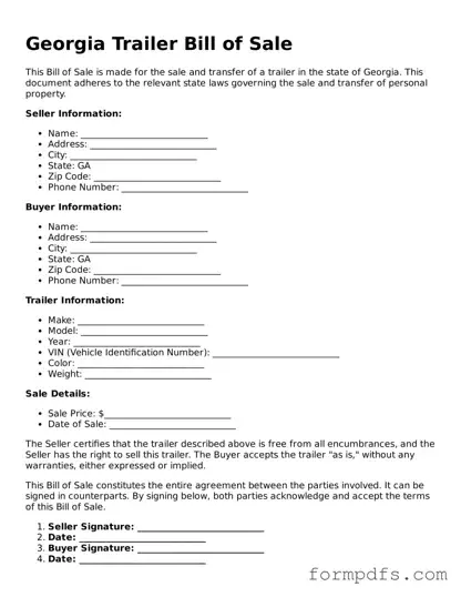 Printable Trailer Bill of Sale Form for the State of Georgia