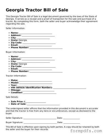 Printable Tractor Bill of Sale Form for the State of Georgia