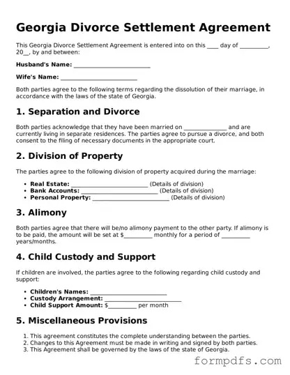 Printable Divorce Settlement Agreement Form for the State of Georgia