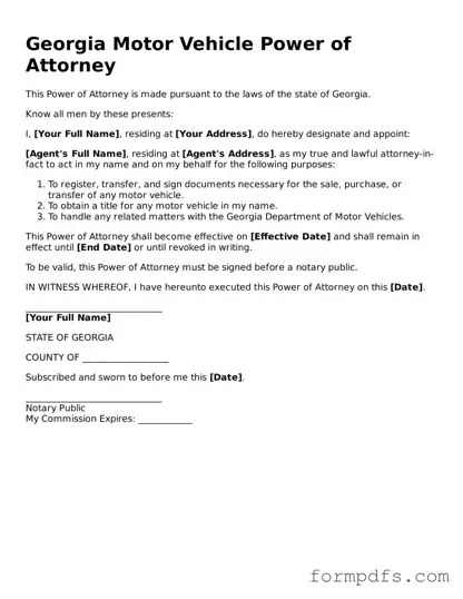 Printable Motor Vehicle Power of Attorney Form for the State of Georgia