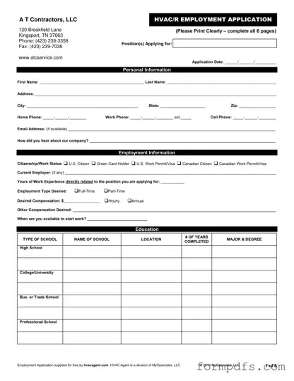 Blank Hvac Job Application PDF Form