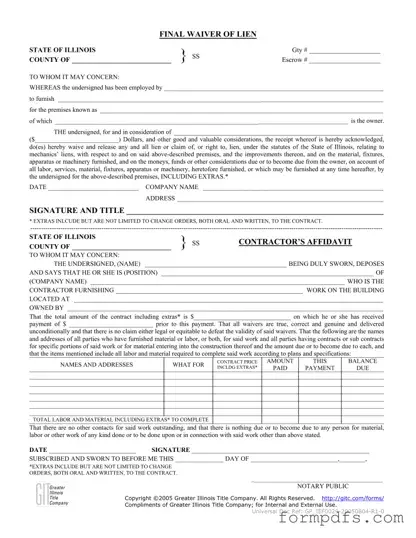 Blank Illinois Final Waiver Of Lien PDF Form