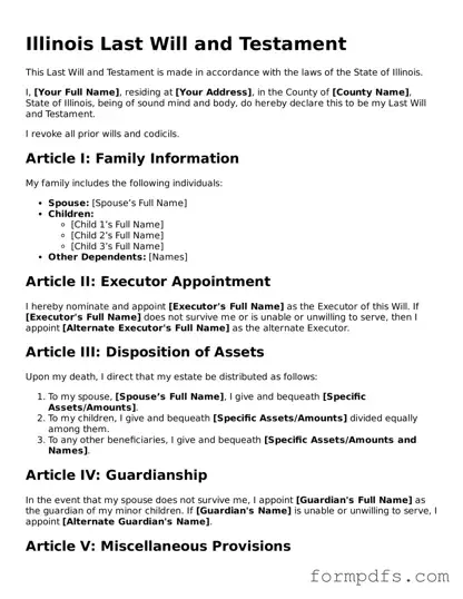 Printable Last Will and Testament Form for the State of Illinois