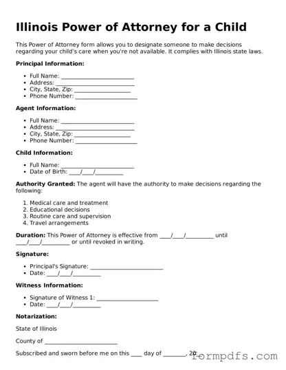 Printable Power of Attorney for a Child Form for the State of Illinois