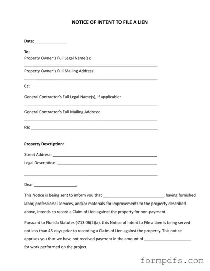 Blank Intent To Lien Florida PDF Form
