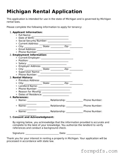 Printable Rental Application Form for the State of Michigan