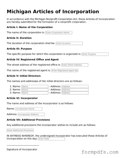 Printable Articles of Incorporation Form for the State of Michigan