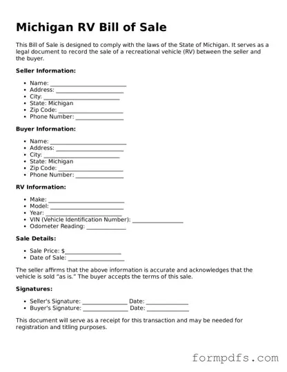 Printable RV Bill of Sale Form for the State of Michigan