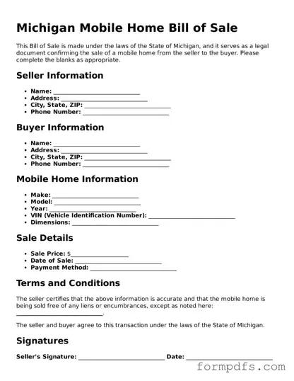 Printable Mobile Home Bill of Sale Form for the State of Michigan