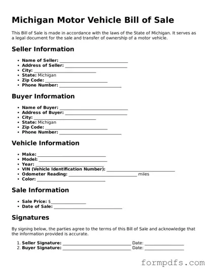 Printable Motor Vehicle Bill of Sale Form for the State of Michigan