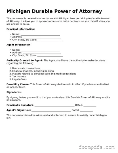 Printable Durable Power of Attorney Form for the State of Michigan