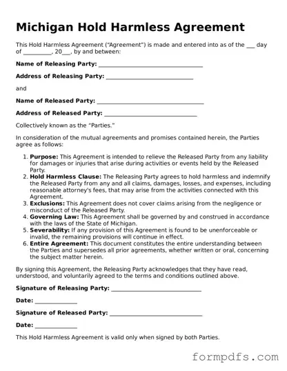 Printable Hold Harmless Agreement Form for the State of Michigan