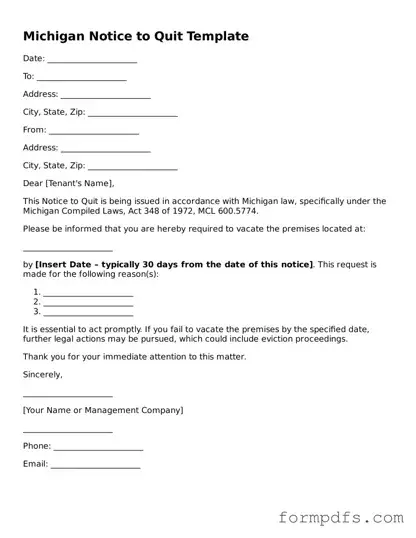 Printable Notice to Quit Form for the State of Michigan
