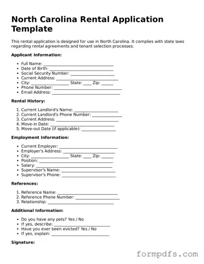 Printable Rental Application Form for the State of North Carolina