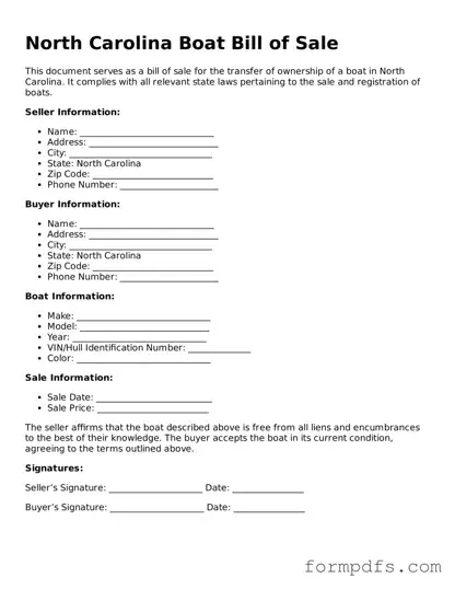 Printable Boat Bill of Sale Form for the State of North Carolina