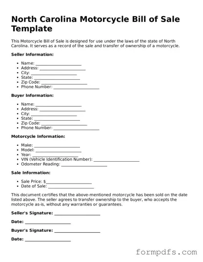 Printable Motorcycle Bill of Sale Form for the State of North Carolina