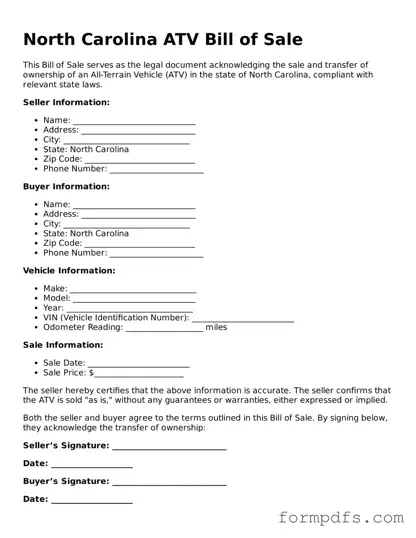 Printable ATV Bill of Sale Form for the State of North Carolina