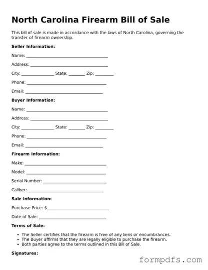 Printable Firearm Bill of Sale Form for the State of North Carolina