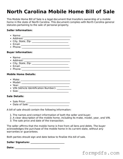 Printable Mobile Home Bill of Sale Form for the State of North Carolina