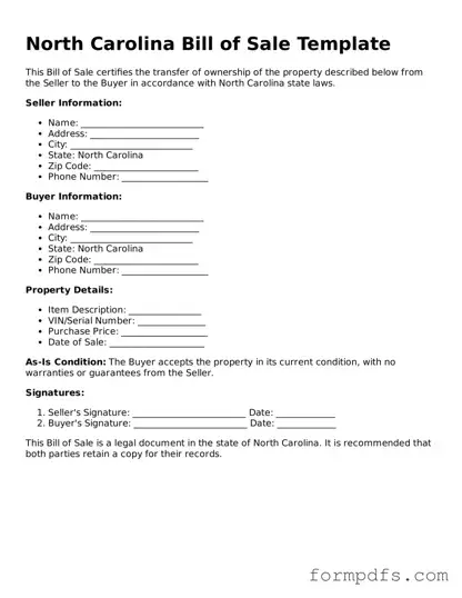 Printable Bill of Sale Form for the State of North Carolina