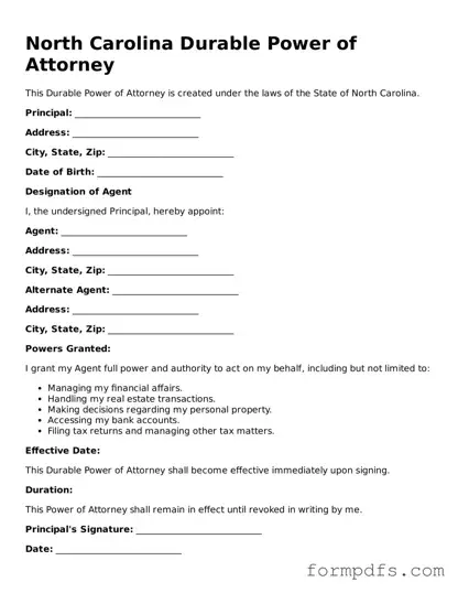 Printable Durable Power of Attorney Form for the State of North Carolina