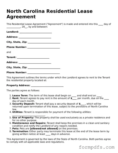 Printable Residential Lease Agreement Form for the State of North Carolina