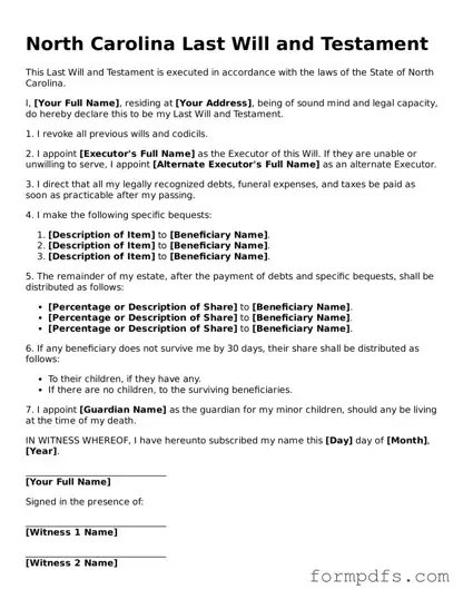 Printable Last Will and Testament Form for the State of North Carolina