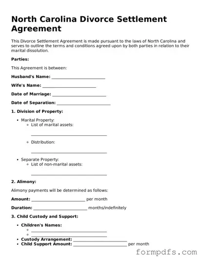 Printable Divorce Settlement Agreement Form for the State of North Carolina