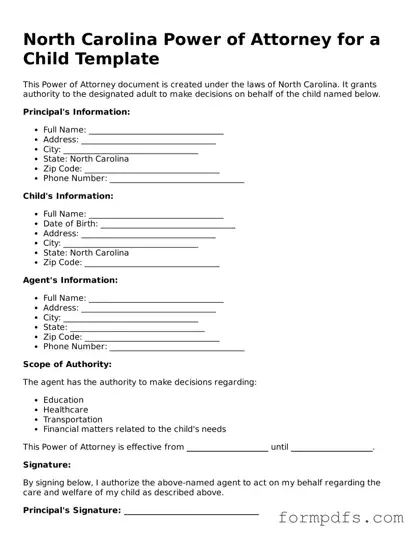 Printable Power of Attorney for a Child Form for the State of North Carolina