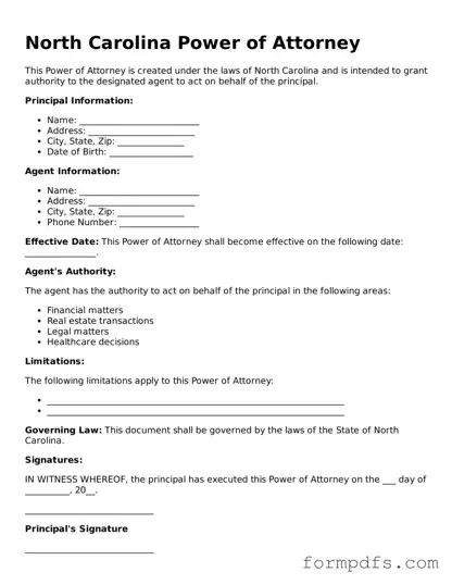 Printable Power of Attorney Form for the State of North Carolina